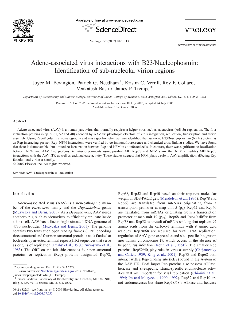 Adeno-associated virus interactions with B23/Nucleophosmin: Identification of sub-nucleolar virion regions