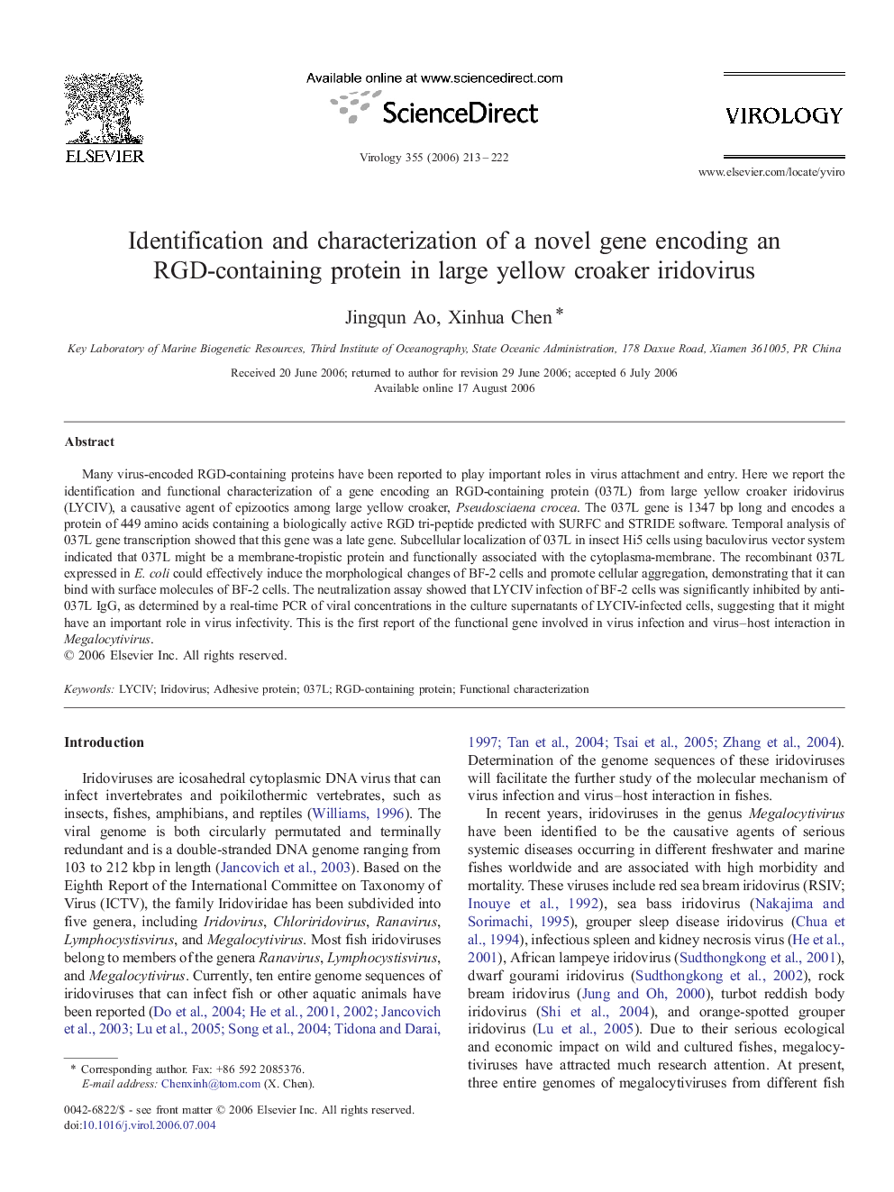 Identification and characterization of a novel gene encoding an RGD-containing protein in large yellow croaker iridovirus