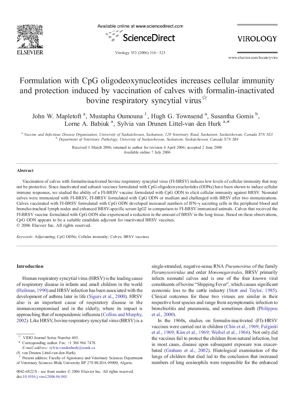 Formulation with CpG oligodeoxynucleotides increases cellular immunity and protection induced by vaccination of calves with formalin-inactivated bovine respiratory syncytial virus 