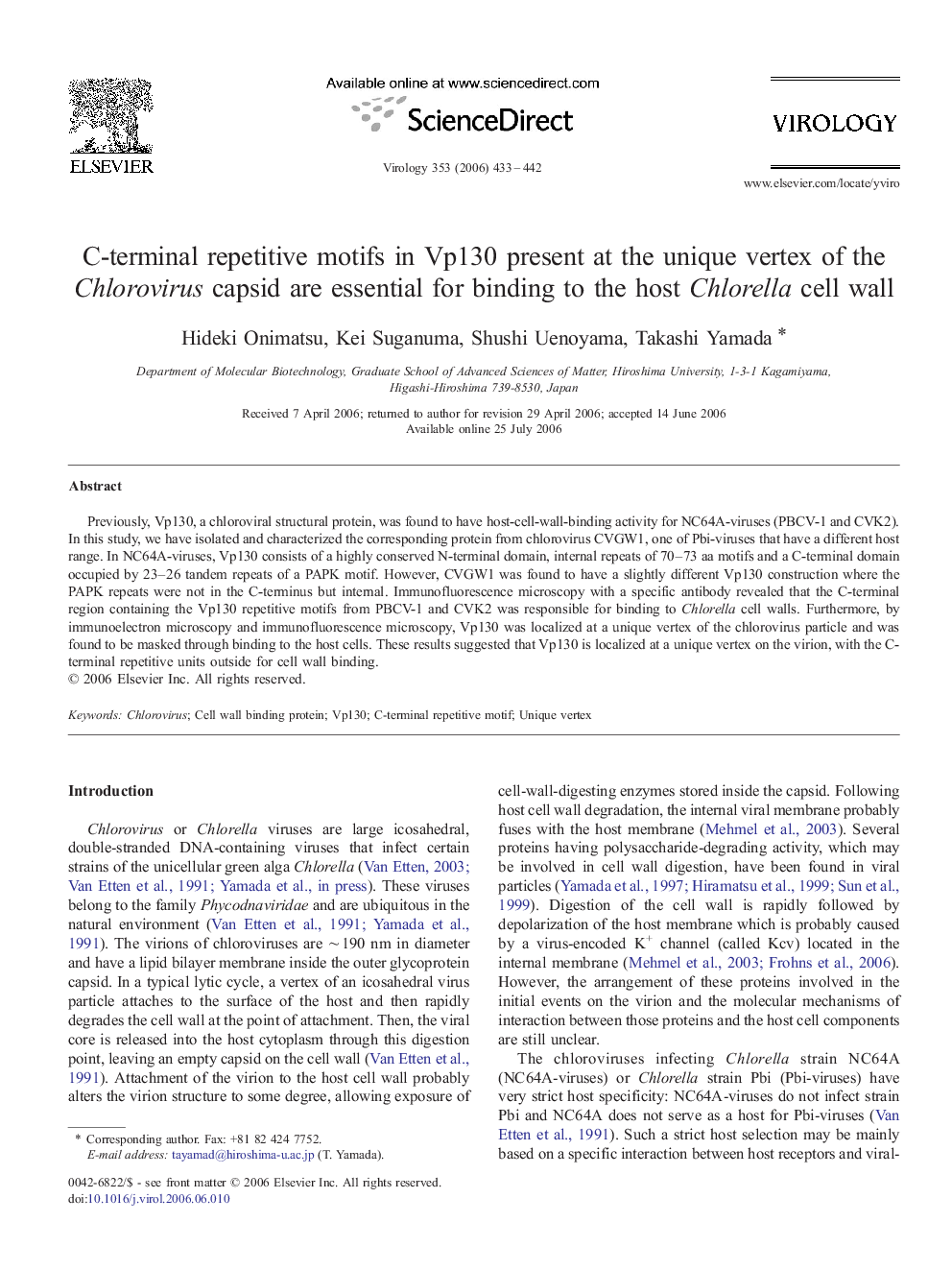 C-terminal repetitive motifs in Vp130 present at the unique vertex of the Chlorovirus capsid are essential for binding to the host Chlorella cell wall