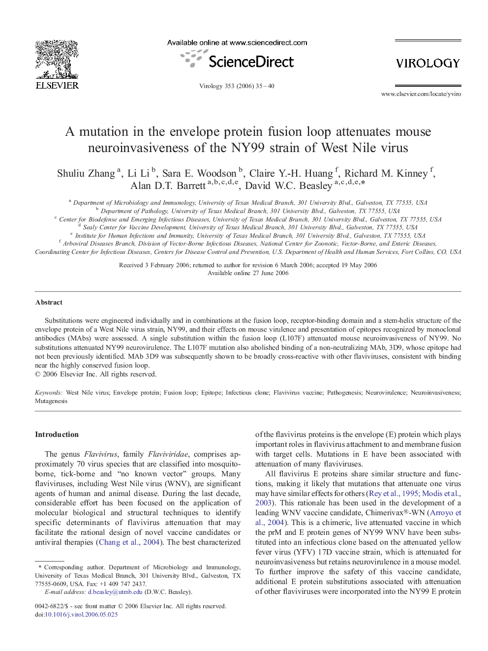 A mutation in the envelope protein fusion loop attenuates mouse neuroinvasiveness of the NY99 strain of West Nile virus