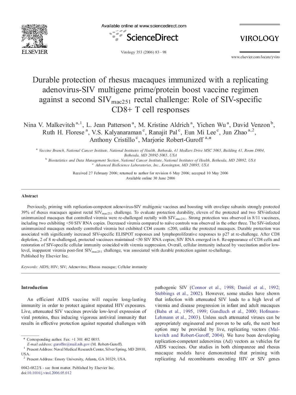 Durable protection of rhesus macaques immunized with a replicating adenovirus-SIV multigene prime/protein boost vaccine regimen against a second SIVmac251 rectal challenge: Role of SIV-specific CD8+ T cell responses