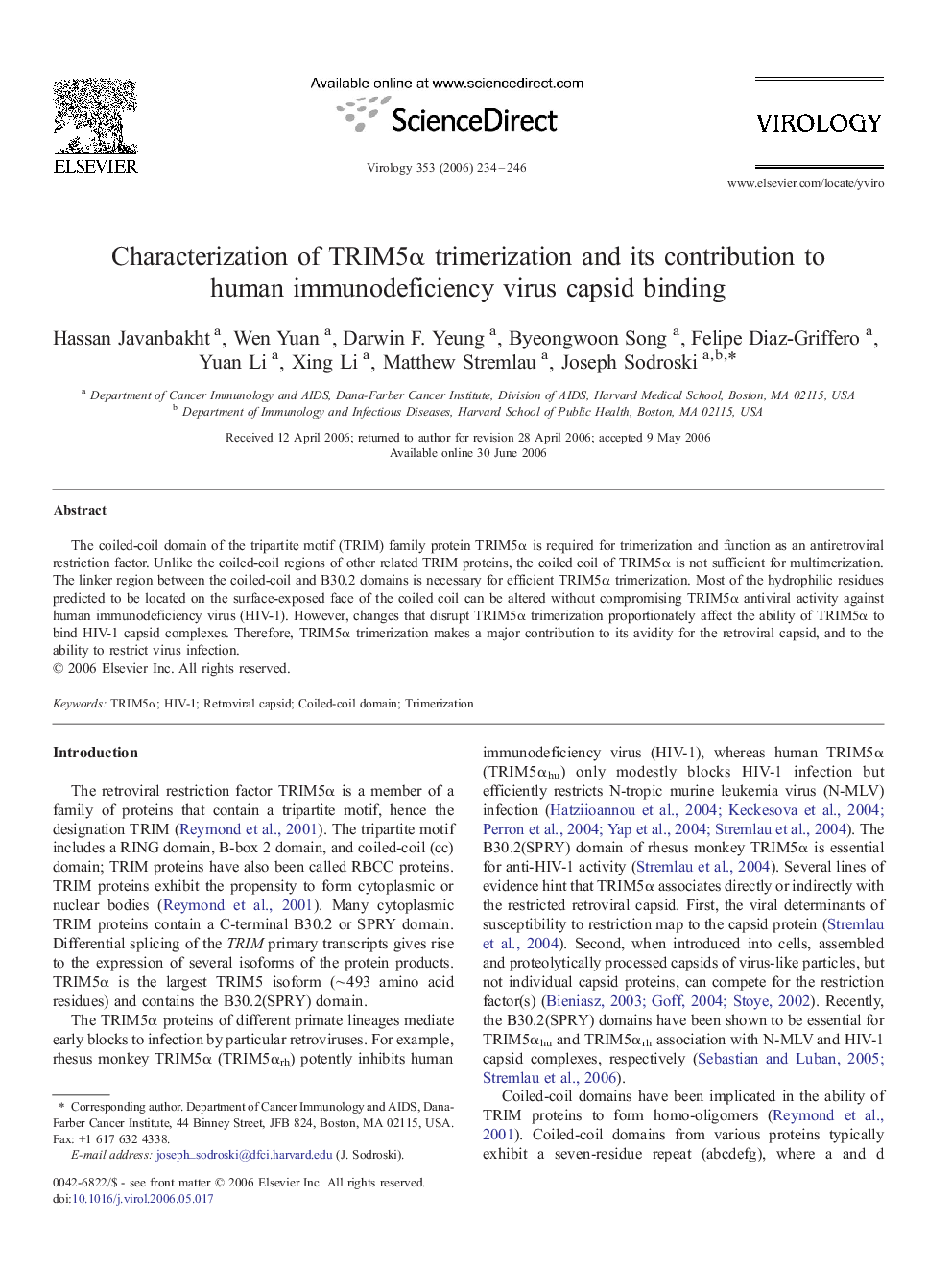 Characterization of TRIM5α trimerization and its contribution to human immunodeficiency virus capsid binding