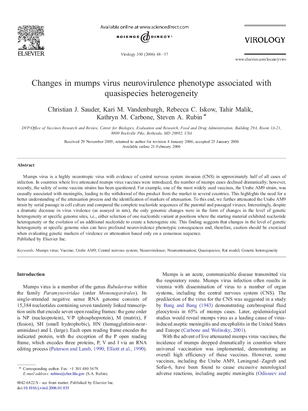 Changes in mumps virus neurovirulence phenotype associated with quasispecies heterogeneity