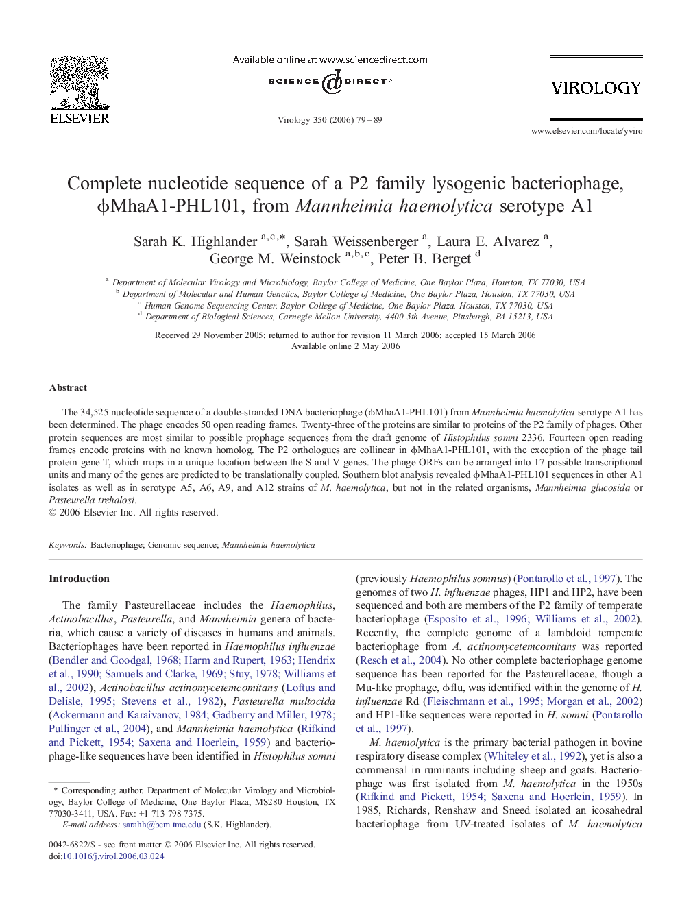 Complete nucleotide sequence of a P2 family lysogenic bacteriophage, ϕMhaA1-PHL101, from Mannheimia haemolytica serotype A1