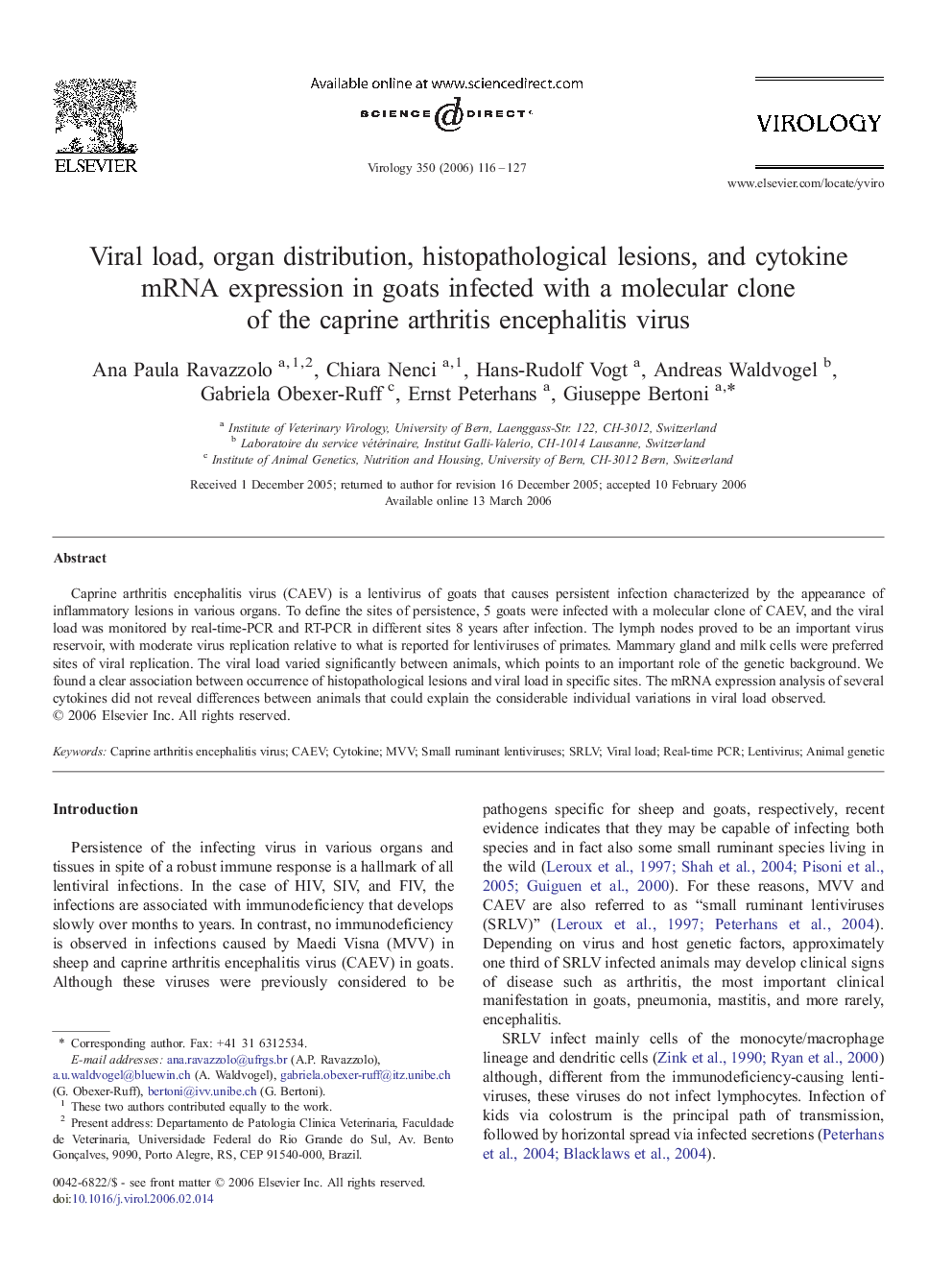 Viral load, organ distribution, histopathological lesions, and cytokine mRNA expression in goats infected with a molecular clone of the caprine arthritis encephalitis virus