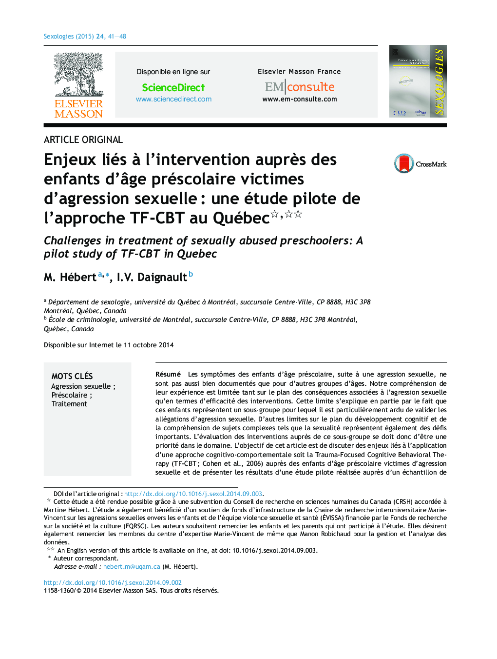 Enjeux liés à l’intervention auprès des enfants d’âge préscolaire victimes d’agression sexuelle : une étude pilote de l’approche TF-CBT au Québec 