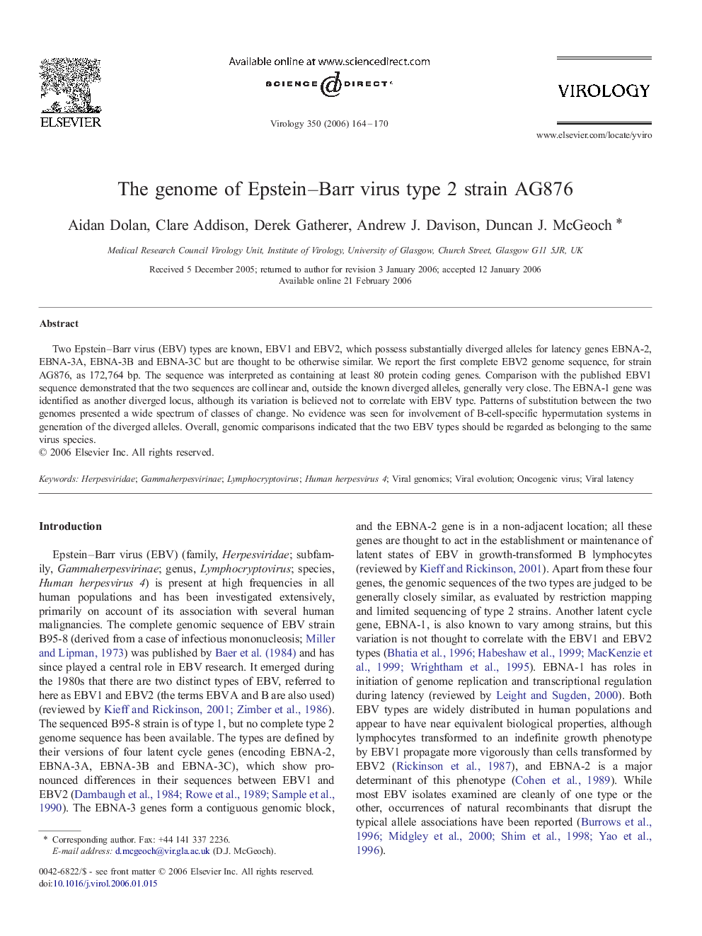 The genome of Epstein–Barr virus type 2 strain AG876