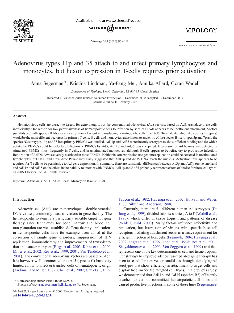 Adenovirus types 11p and 35 attach to and infect primary lymphocytes and monocytes, but hexon expression in T-cells requires prior activation