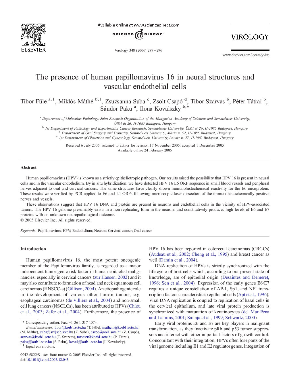 The presence of human papillomavirus 16 in neural structures and vascular endothelial cells