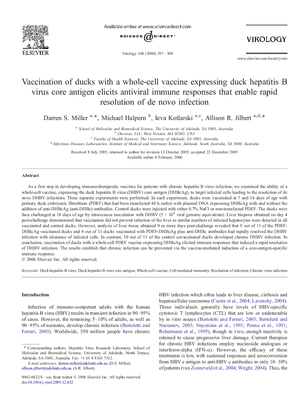 Vaccination of ducks with a whole-cell vaccine expressing duck hepatitis B virus core antigen elicits antiviral immune responses that enable rapid resolution of de novo infection