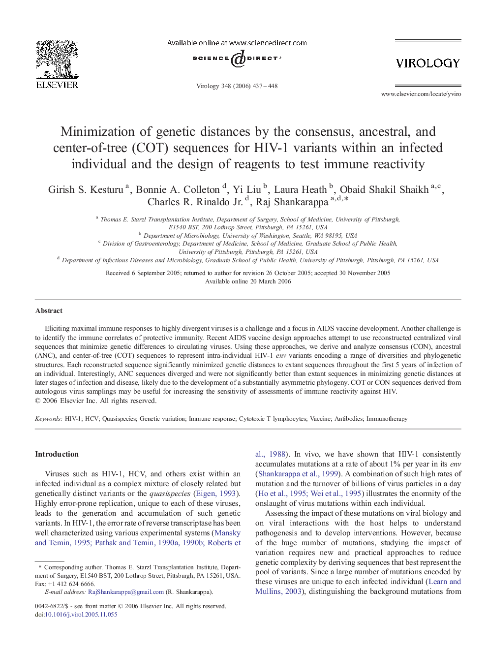 Minimization of genetic distances by the consensus, ancestral, and center-of-tree (COT) sequences for HIV-1 variants within an infected individual and the design of reagents to test immune reactivity