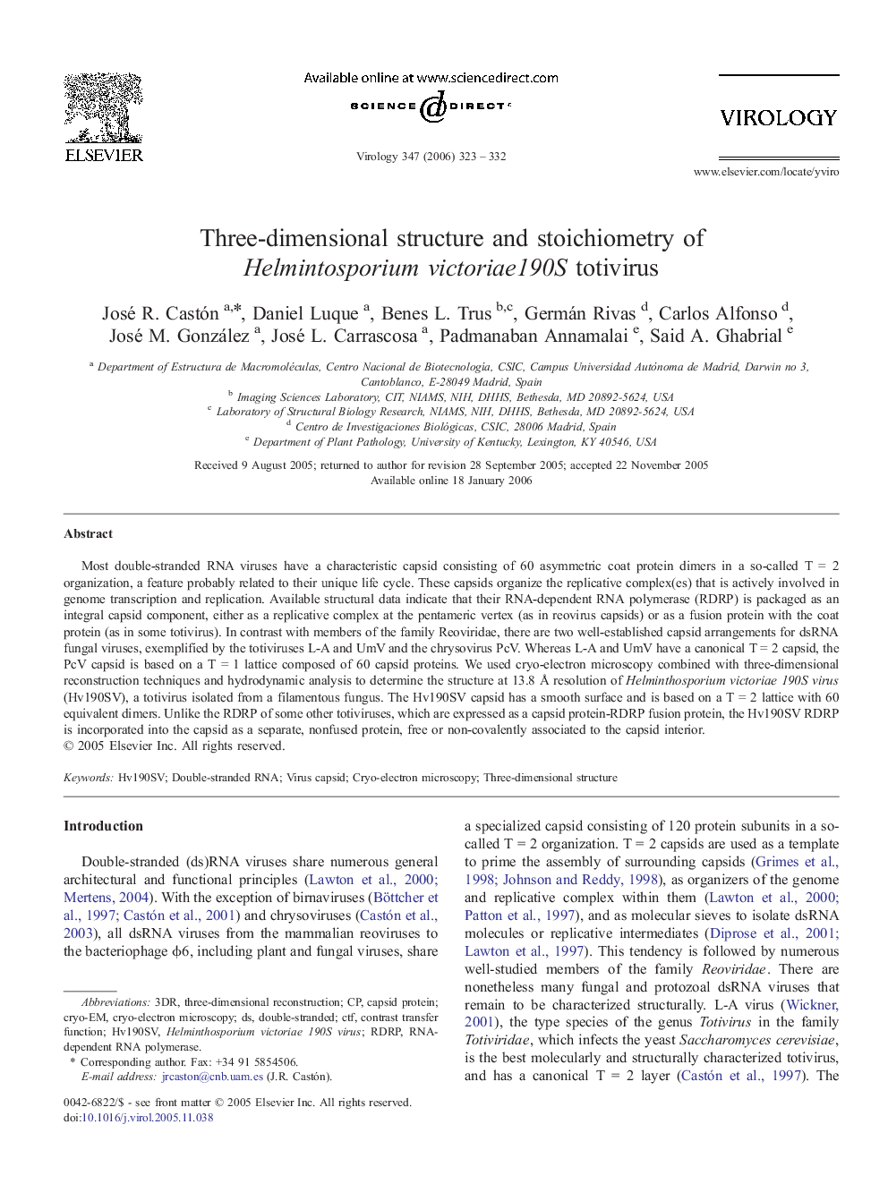 Three-dimensional structure and stoichiometry of Helmintosporium victoriae190S totivirus