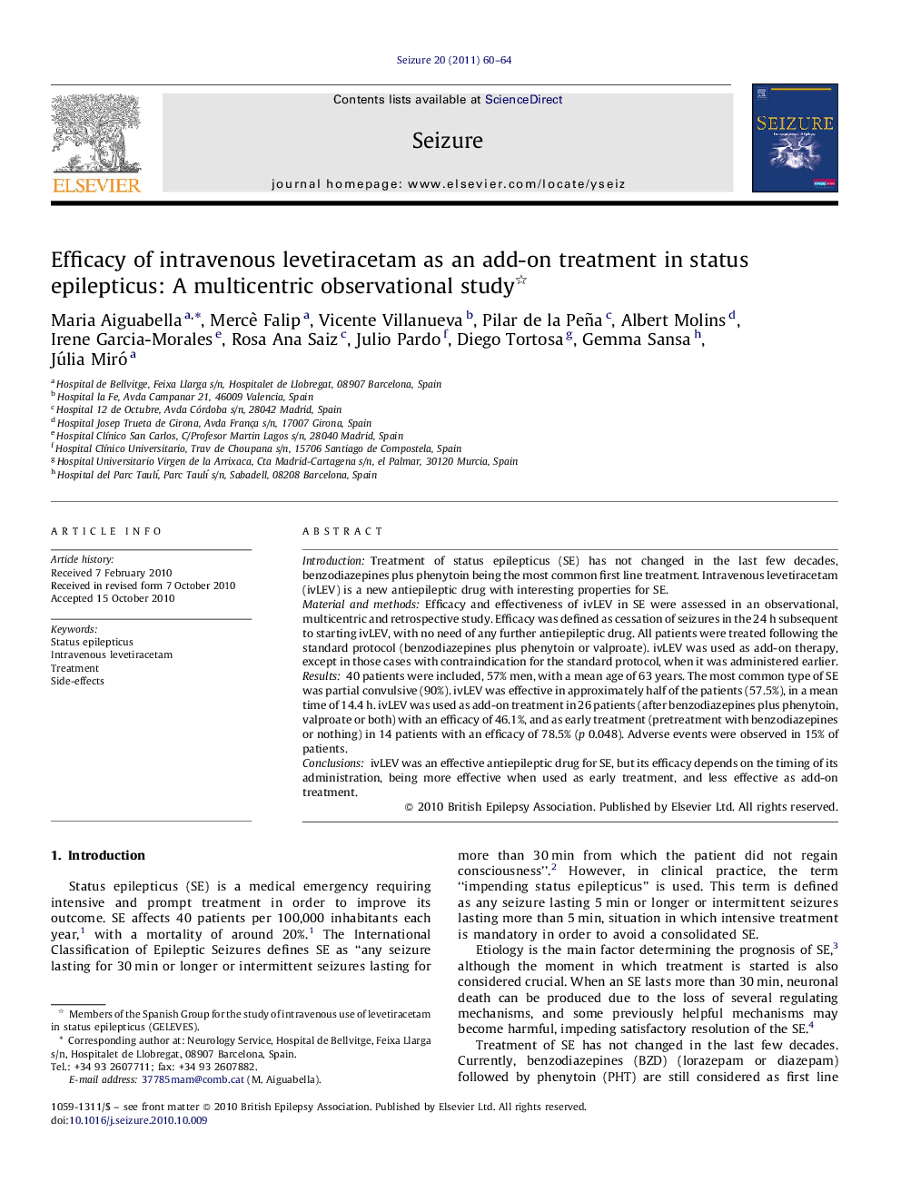 Efficacy of intravenous levetiracetam as an add-on treatment in status epilepticus: A multicentric observational study 