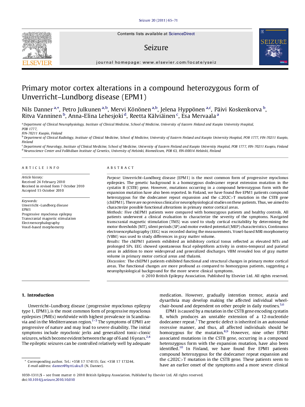 Primary motor cortex alterations in a compound heterozygous form of Unverricht–Lundborg disease (EPM1)