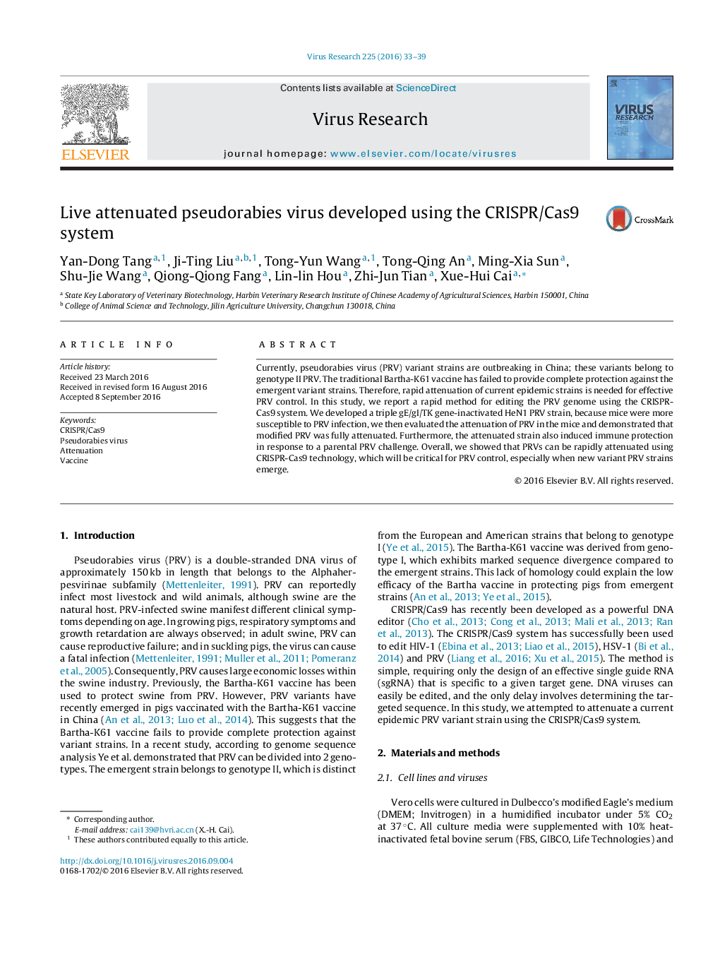 Live attenuated pseudorabies virus developed using the CRISPR/Cas9 system