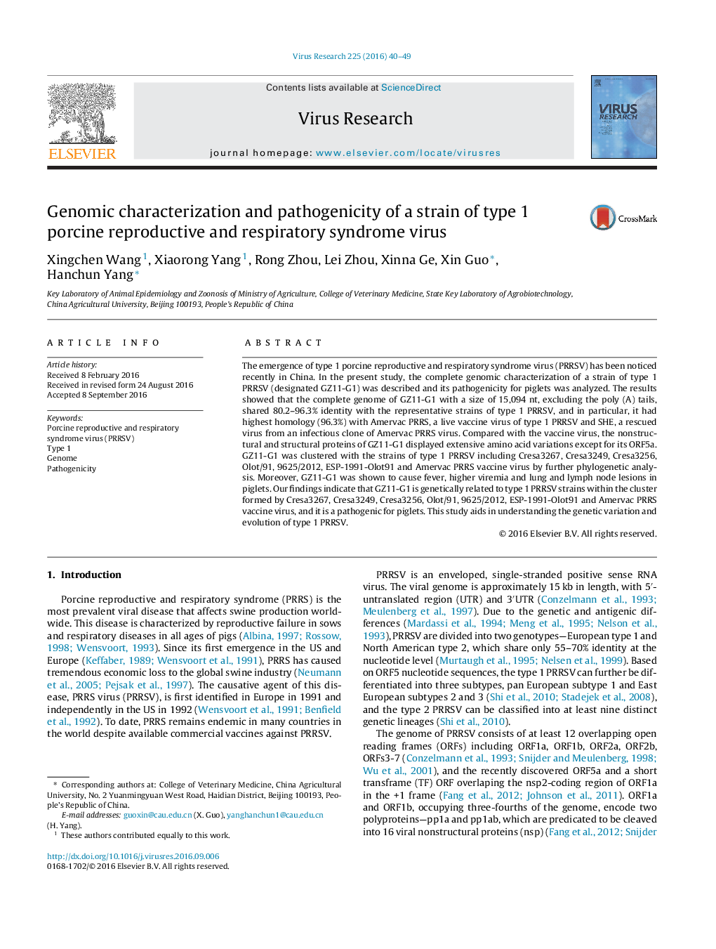 Genomic characterization and pathogenicity of a strain of type 1 porcine reproductive and respiratory syndrome virus