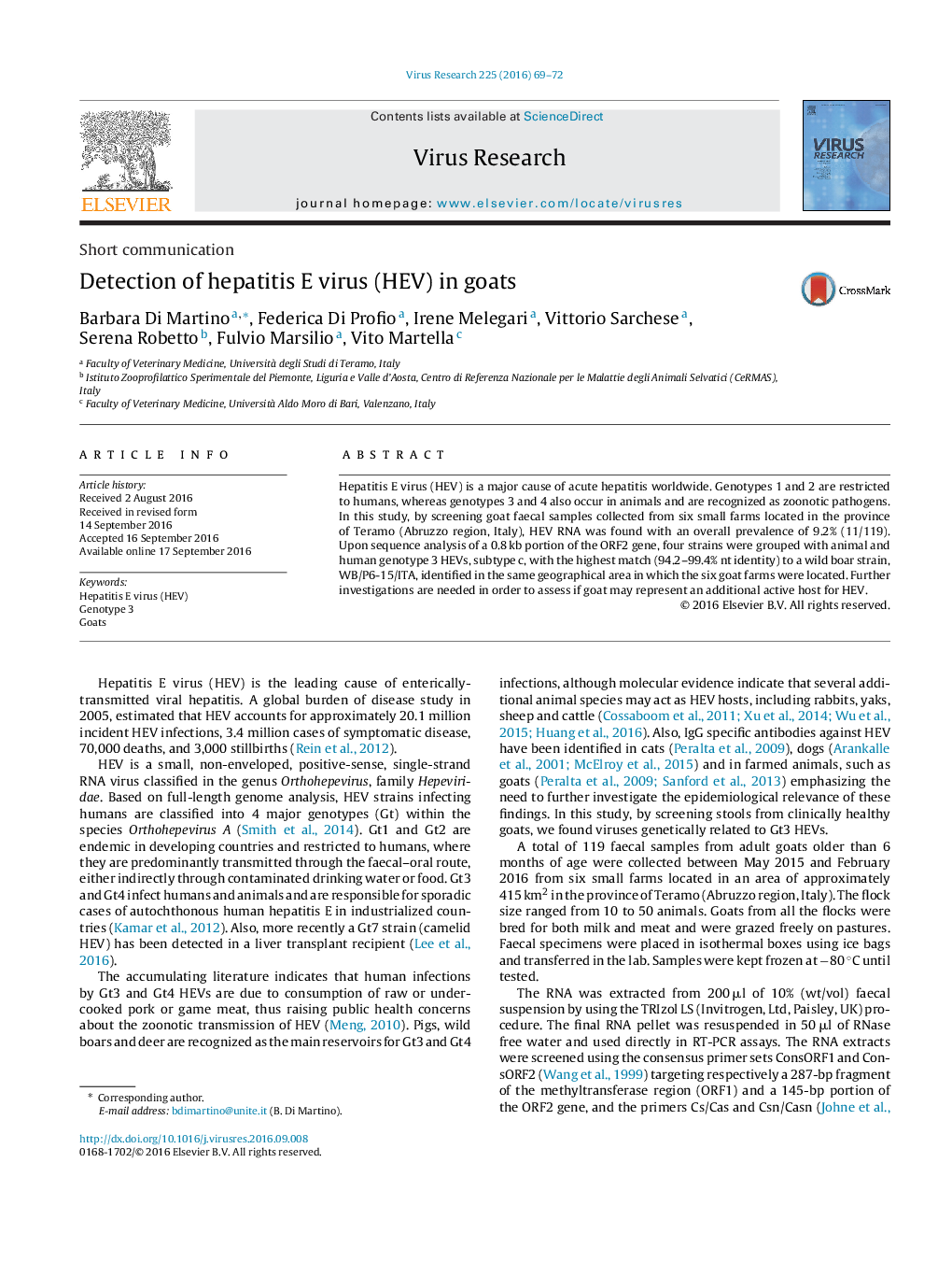 Detection of hepatitis E virus (HEV) in goats