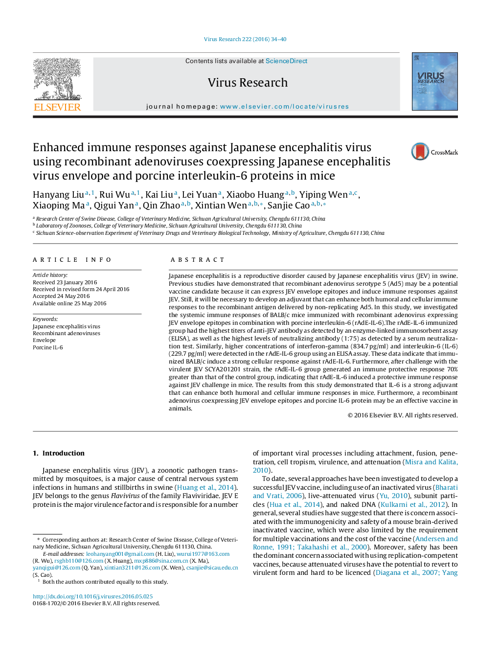 Enhanced immune responses against Japanese encephalitis virus using recombinant adenoviruses coexpressing Japanese encephalitis virus envelope and porcine interleukin-6 proteins in mice