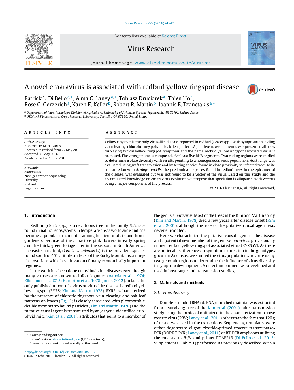 A novel emaravirus is associated with redbud yellow ringspot disease