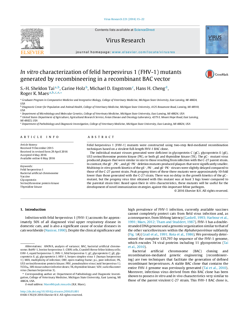 In vitro characterization of felid herpesvirus 1 (FHV-1) mutants generated by recombineering in a recombinant BAC vector