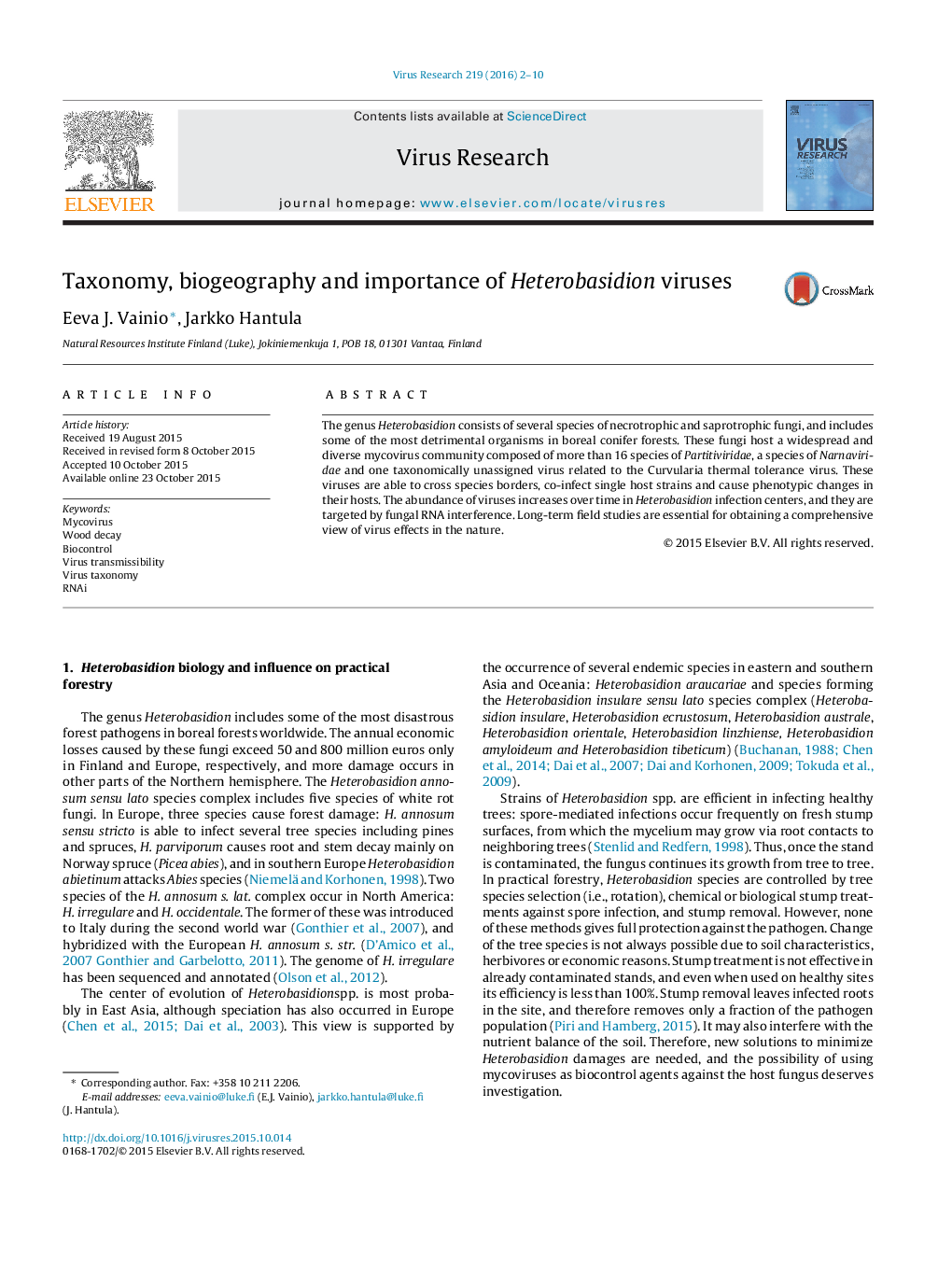 Taxonomy, biogeography and importance of Heterobasidion viruses