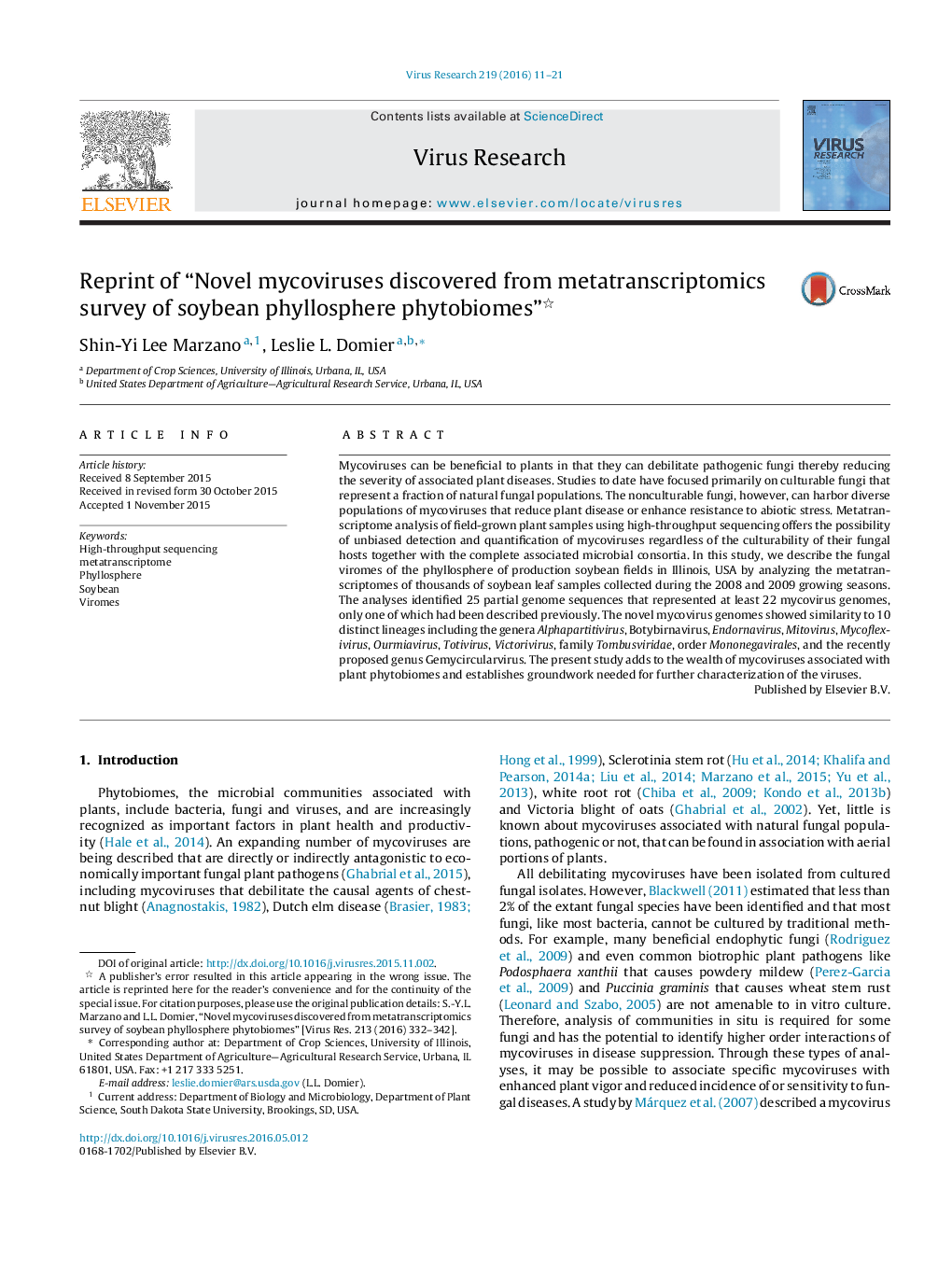 Reprint of “Novel mycoviruses discovered from metatranscriptomics survey of soybean phyllosphere phytobiomes” 