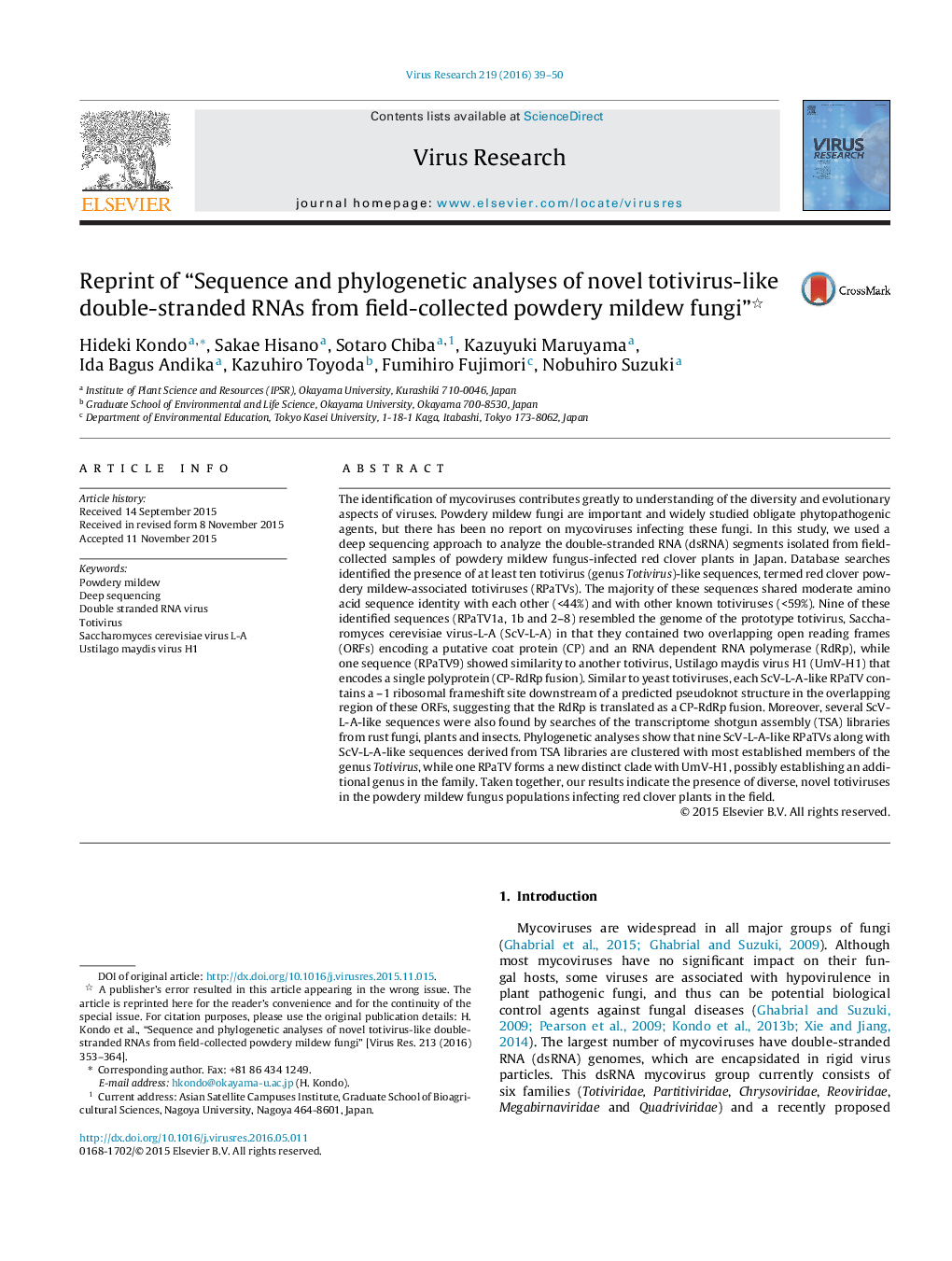 Reprint of “Sequence and phylogenetic analyses of novel totivirus-like double-stranded RNAs from field-collected powdery mildew fungi” 