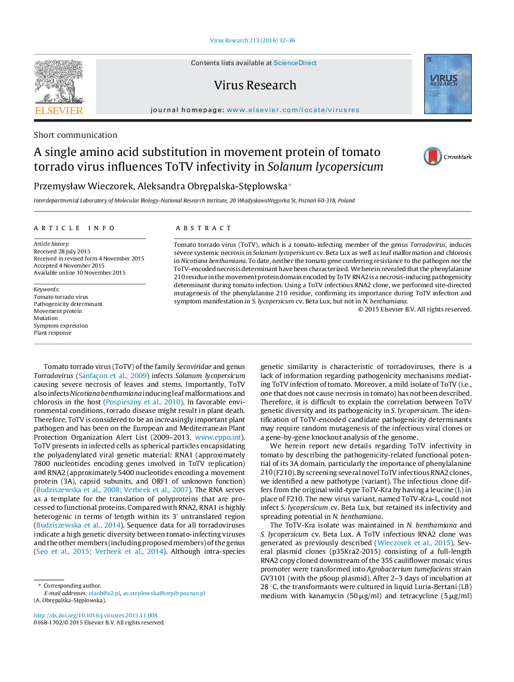 A single amino acid substitution in movement protein of tomato torrado virus influences ToTV infectivity in Solanum lycopersicum