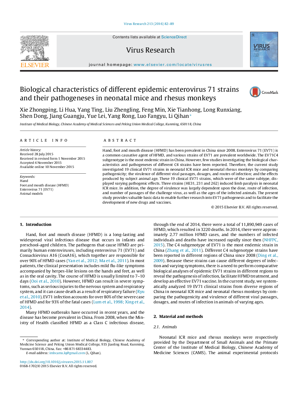 Biological characteristics of different epidemic enterovirus 71 strains and their pathogeneses in neonatal mice and rhesus monkeys