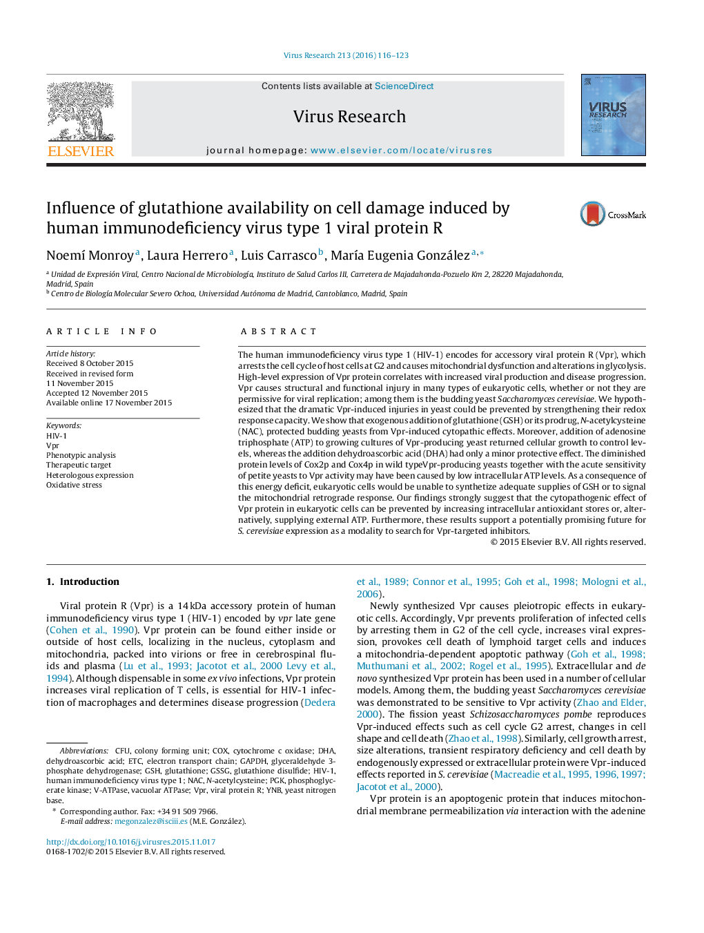 Influence of glutathione availability on cell damage induced by human immunodeficiency virus type 1 viral protein R