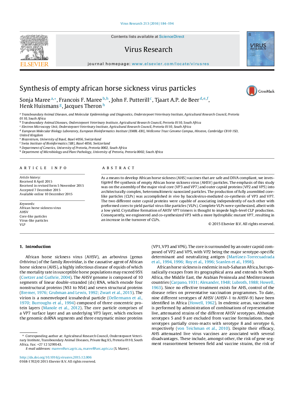 Synthesis of empty african horse sickness virus particles