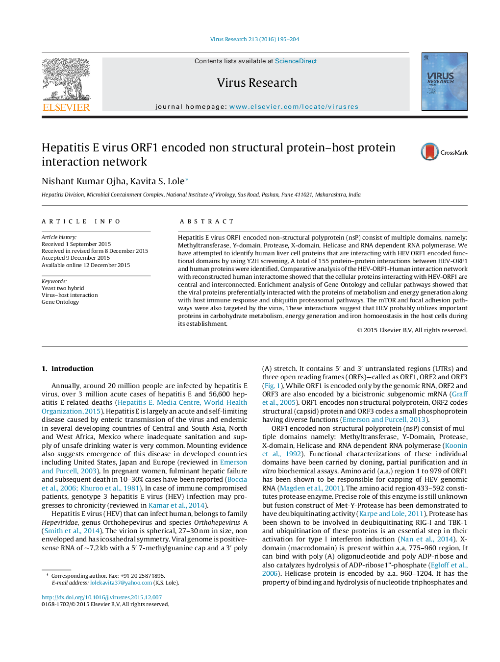 Hepatitis E virus ORF1 encoded non structural protein–host protein interaction network