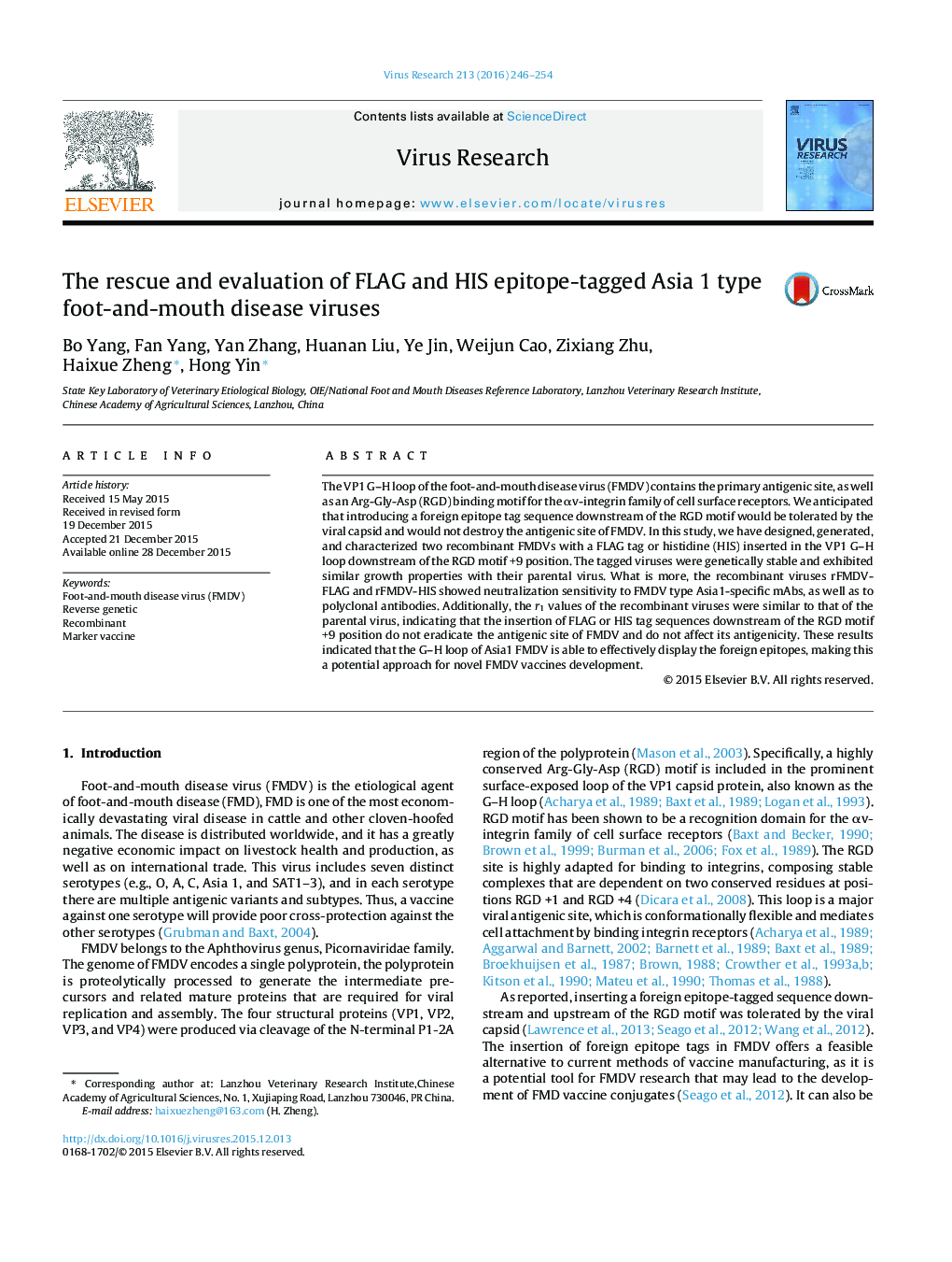 The rescue and evaluation of FLAG and HIS epitope-tagged Asia 1 type foot-and-mouth disease viruses