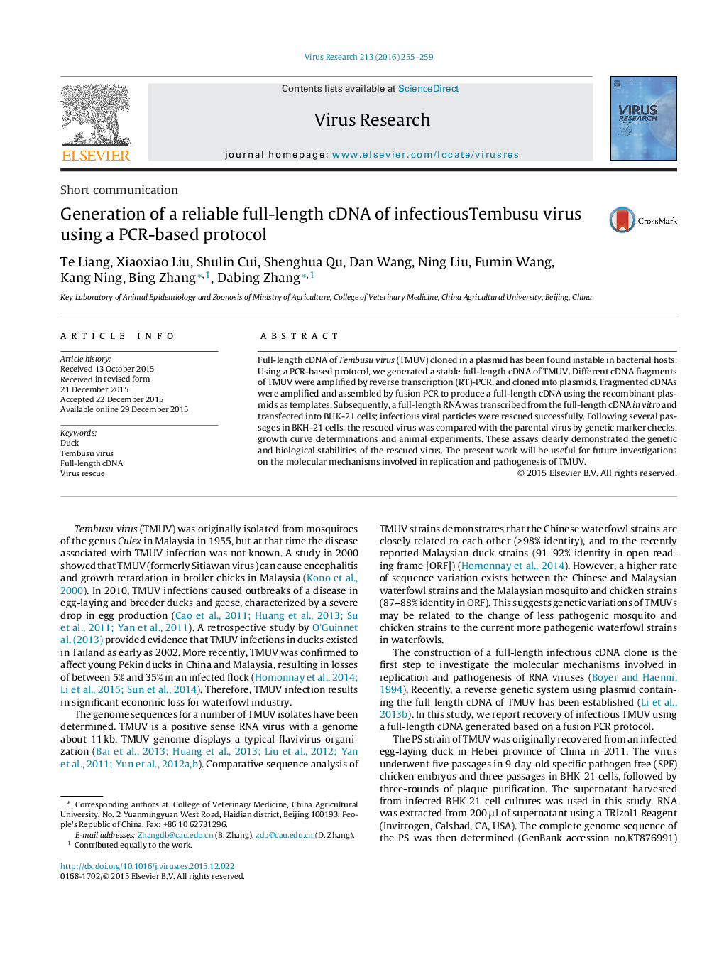 Generation of a reliable full-length cDNA of infectiousTembusu virus using a PCR-based protocol