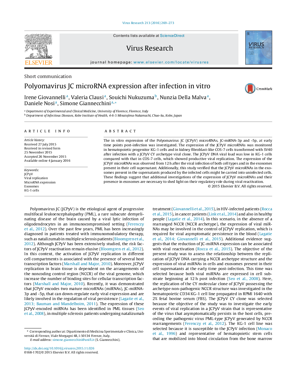 Polyomavirus JC microRNA expression after infection in vitro