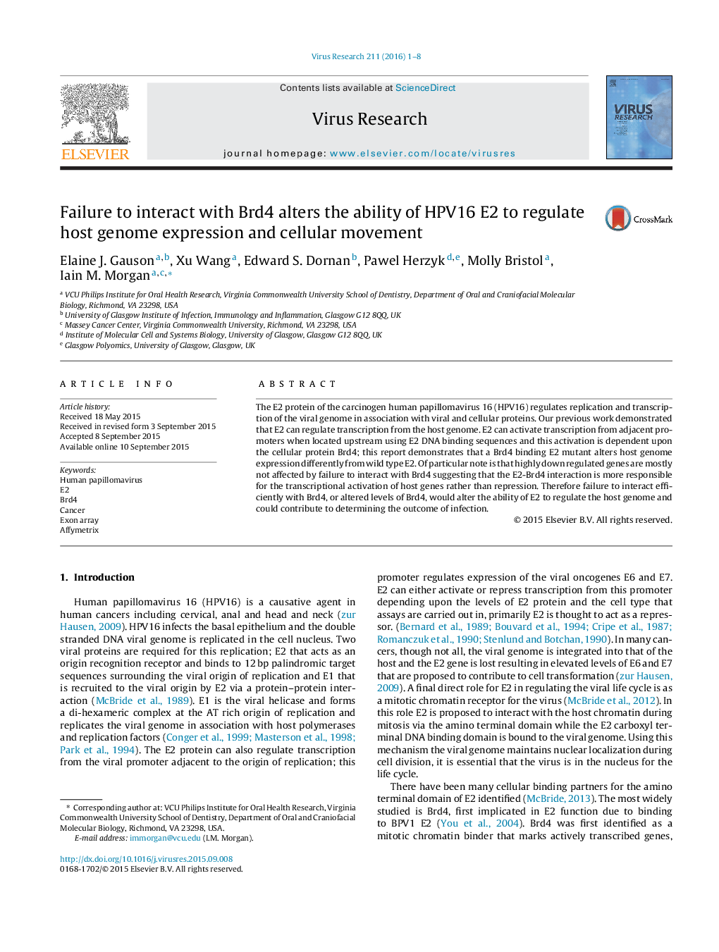 Failure to interact with Brd4 alters the ability of HPV16 E2 to regulate host genome expression and cellular movement