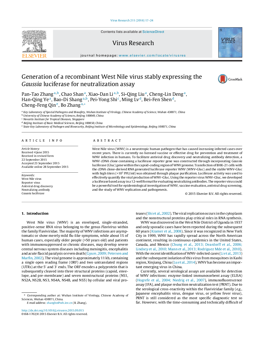 Generation of a recombinant West Nile virus stably expressing the Gaussia luciferase for neutralization assay