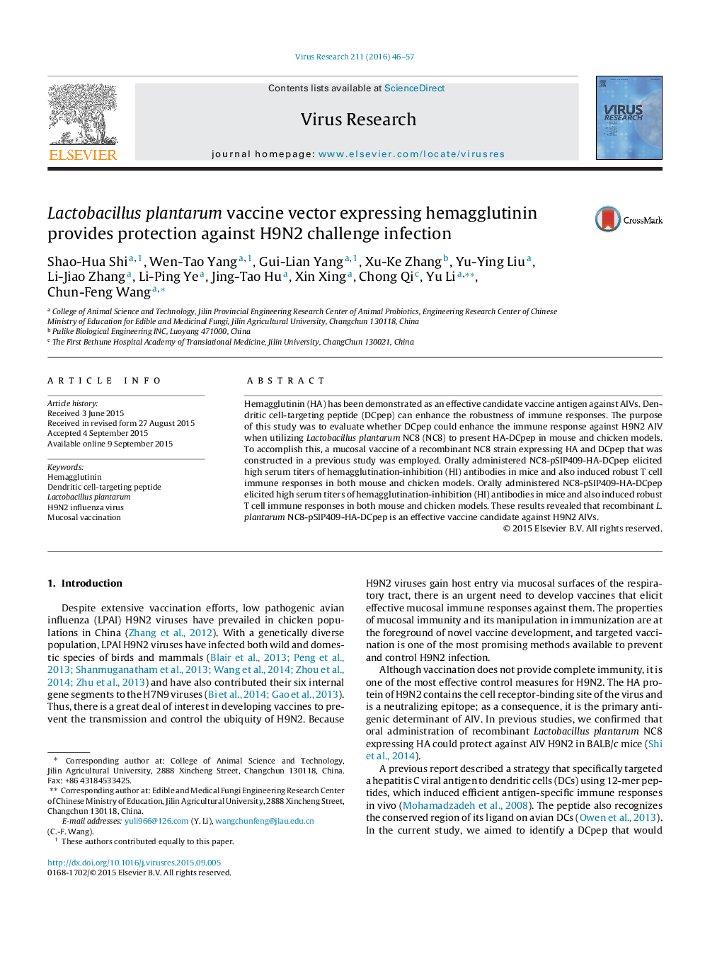 Lactobacillus plantarum vaccine vector expressing hemagglutinin provides protection against H9N2 challenge infection