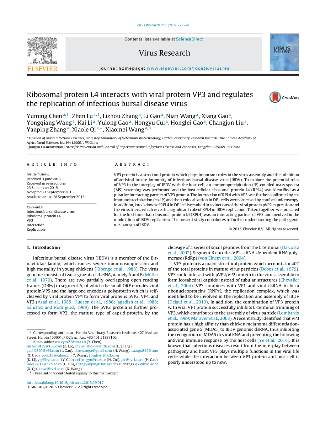 Ribosomal protein L4 interacts with viral protein VP3 and regulates the replication of infectious bursal disease virus