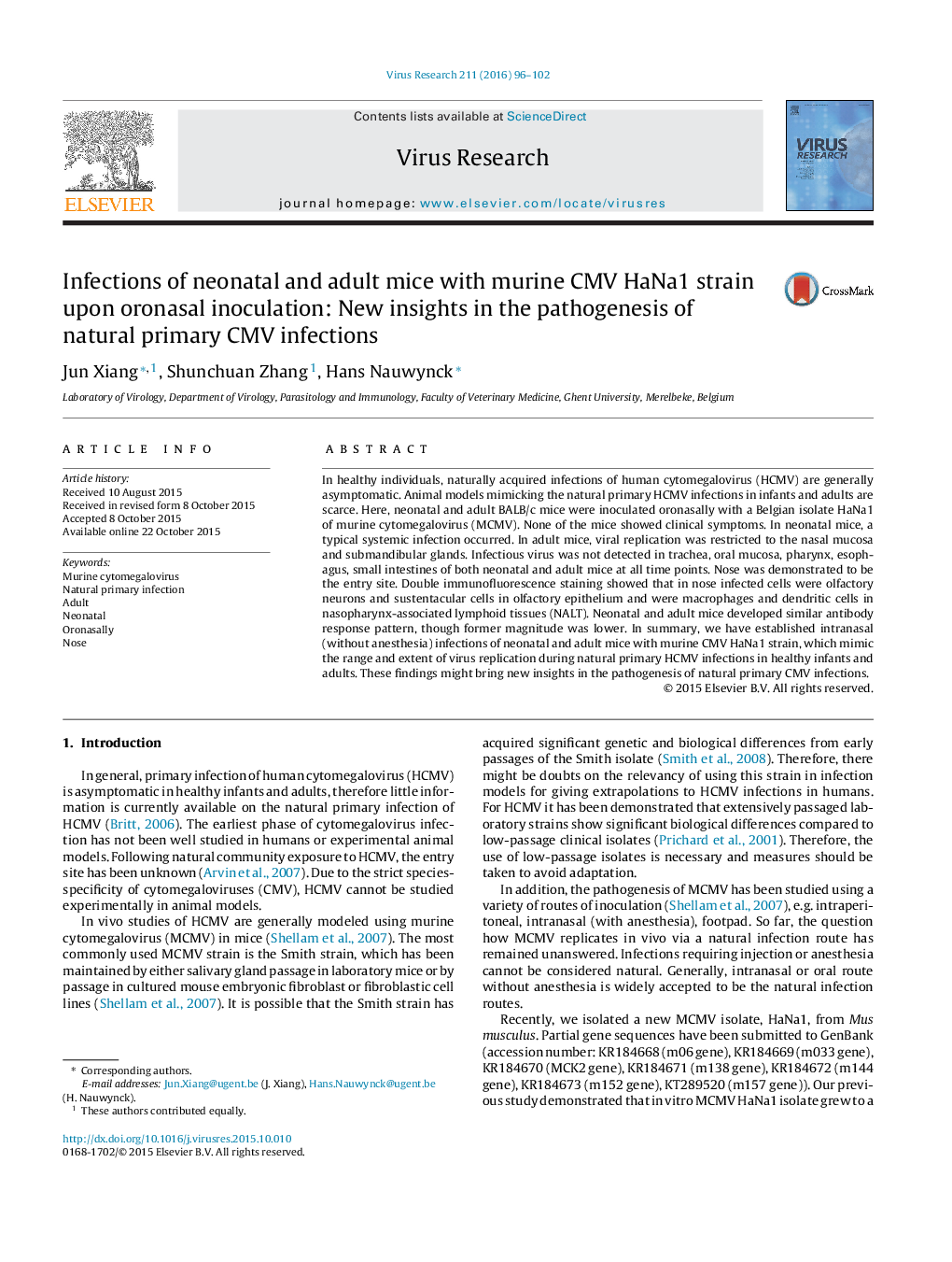 Infections of neonatal and adult mice with murine CMV HaNa1 strain upon oronasal inoculation: New insights in the pathogenesis of natural primary CMV infections