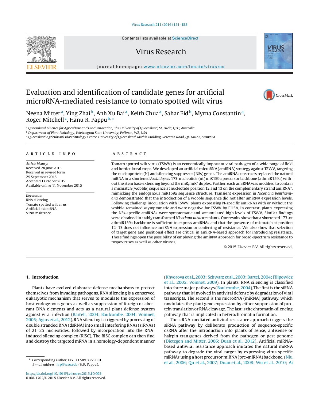 Evaluation and identification of candidate genes for artificial microRNA-mediated resistance to tomato spotted wilt virus