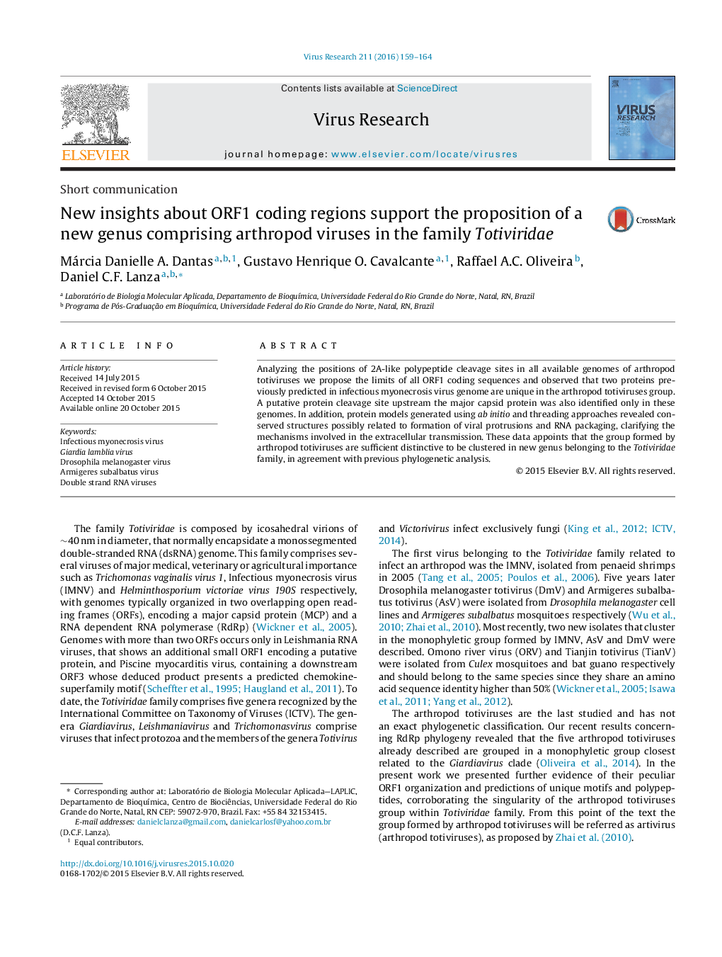 New insights about ORF1 coding regions support the proposition of a new genus comprising arthropod viruses in the family Totiviridae