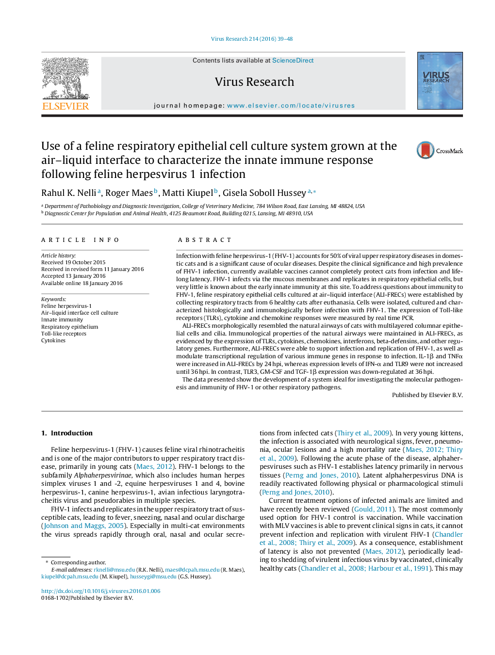 Use of a feline respiratory epithelial cell culture system grown at the air–liquid interface to characterize the innate immune response following feline herpesvirus 1 infection