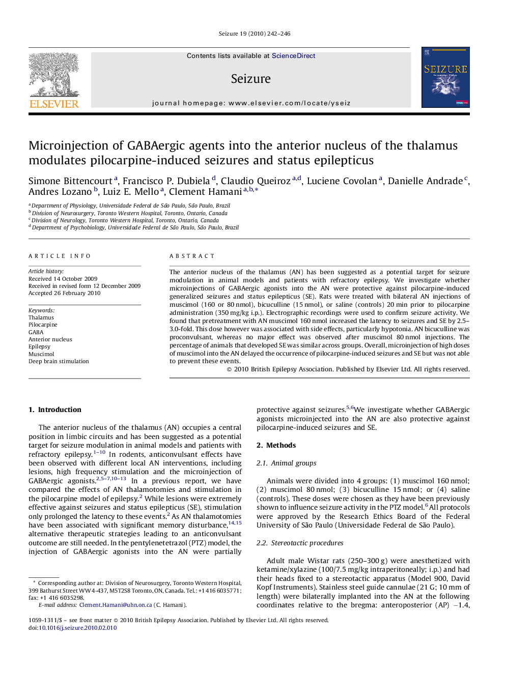 Microinjection of GABAergic agents into the anterior nucleus of the thalamus modulates pilocarpine-induced seizures and status epilepticus