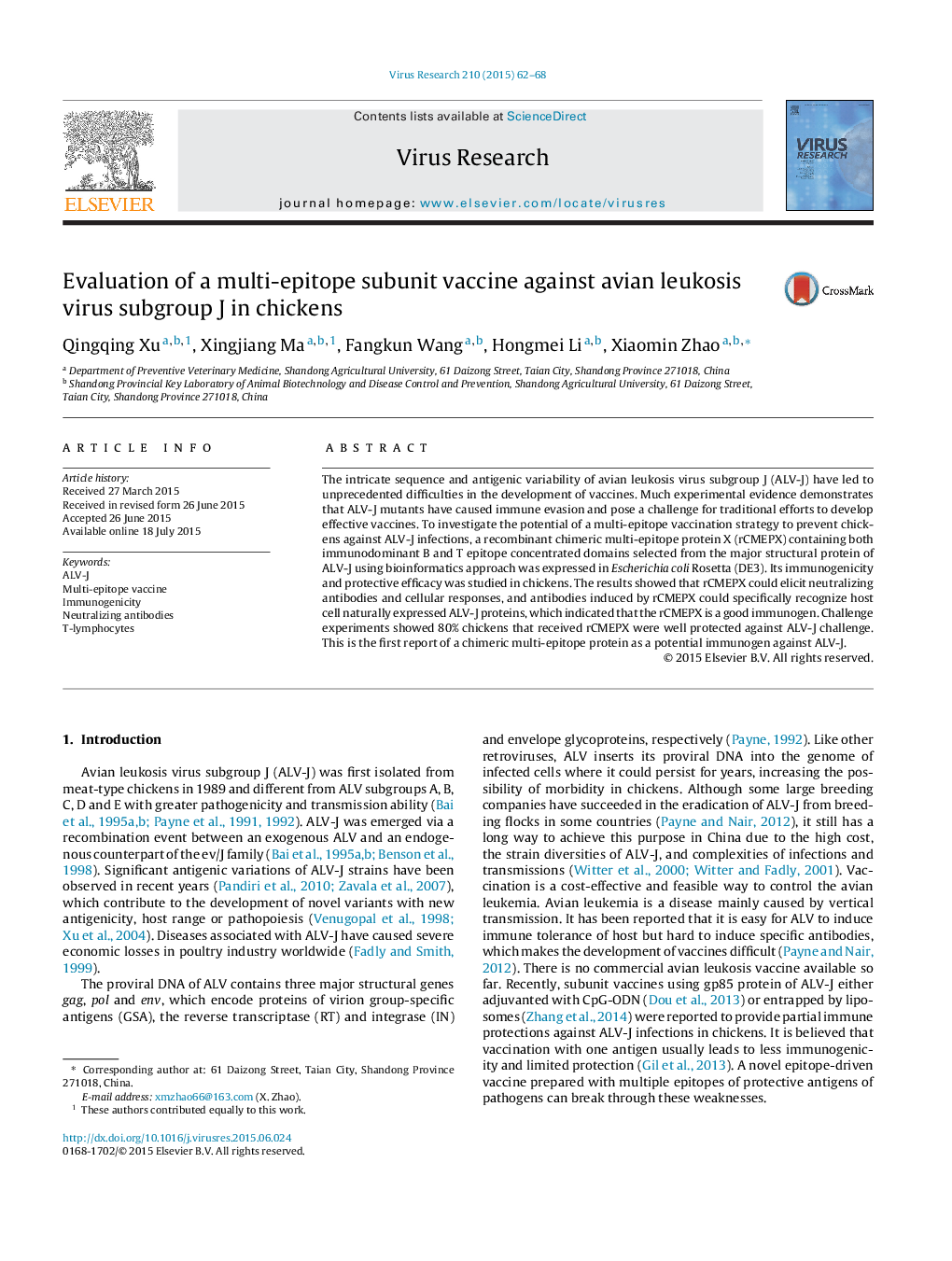 Evaluation of a multi-epitope subunit vaccine against avian leukosis virus subgroup J in chickens