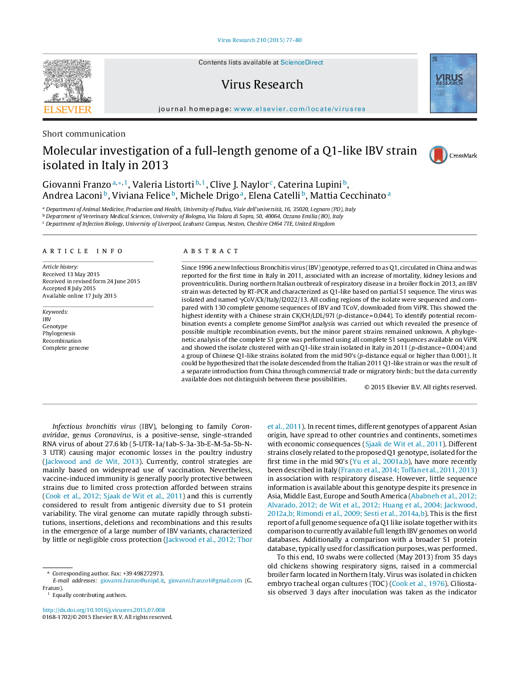 Molecular investigation of a full-length genome of a Q1-like IBV strain isolated in Italy in 2013