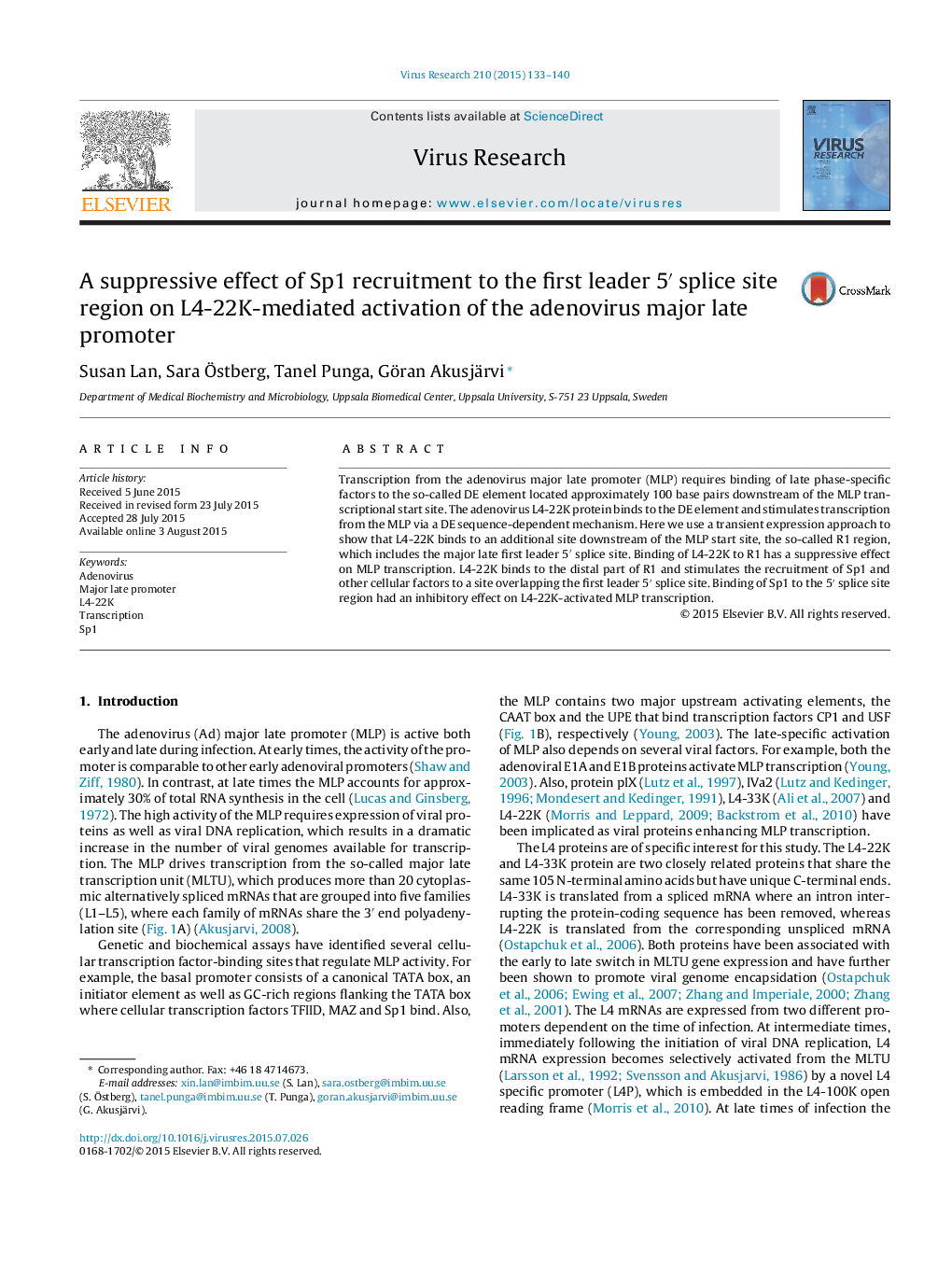 A suppressive effect of Sp1 recruitment to the first leader 5â² splice site region on L4-22K-mediated activation of the adenovirus major late promoter