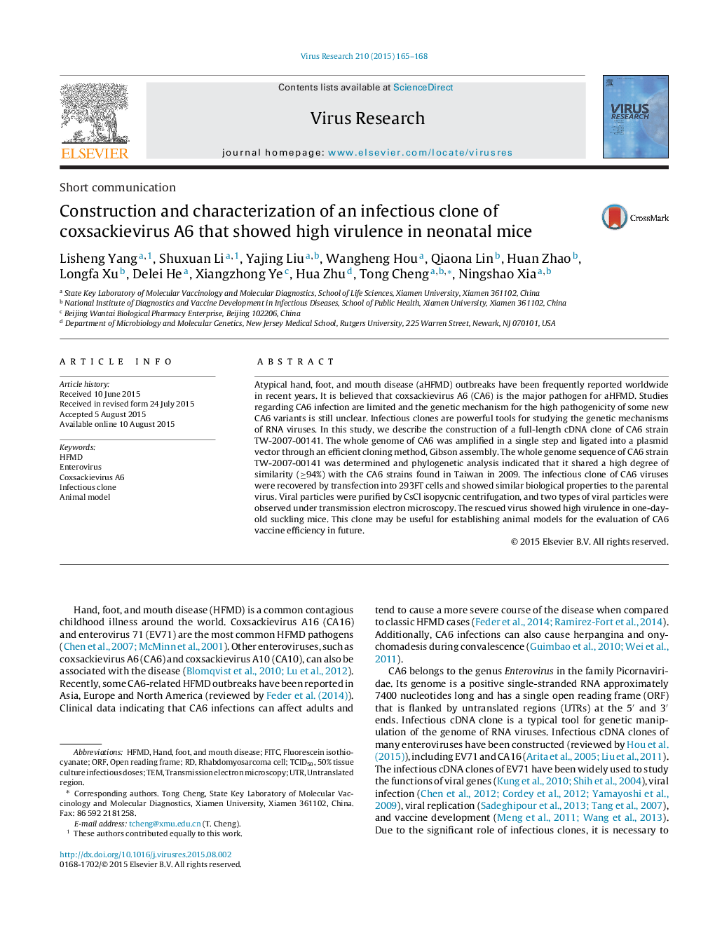 Construction and characterization of an infectious clone of coxsackievirus A6 that showed high virulence in neonatal mice