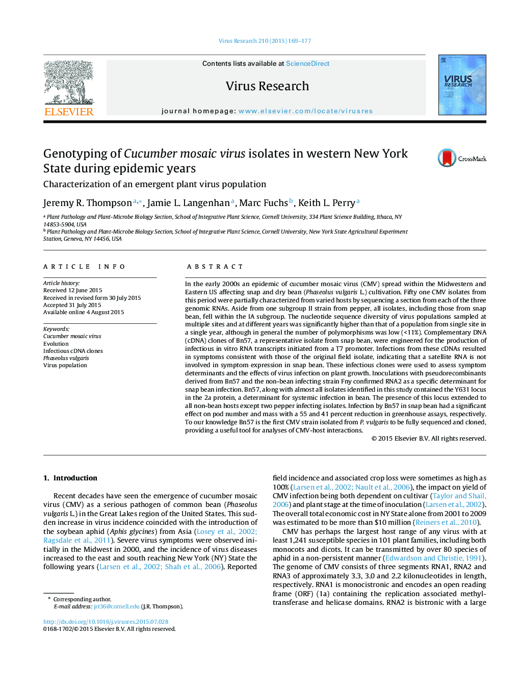 Genotyping of Cucumber mosaic virus isolates in western New York State during epidemic years: Characterization of an emergent plant virus population